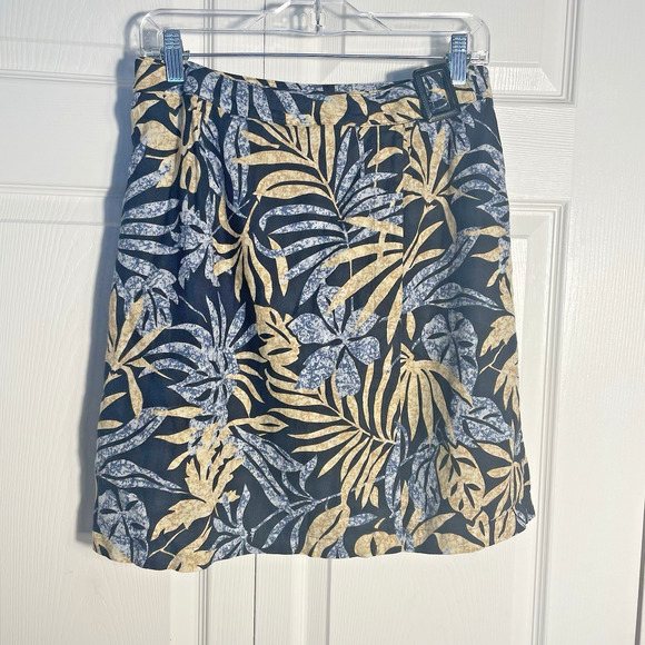 Ruff Hewn Wrap Skirt Women 12 Blue Tan Tropical Print Linen Blend Beachy Coastal - Picture 1 of 8